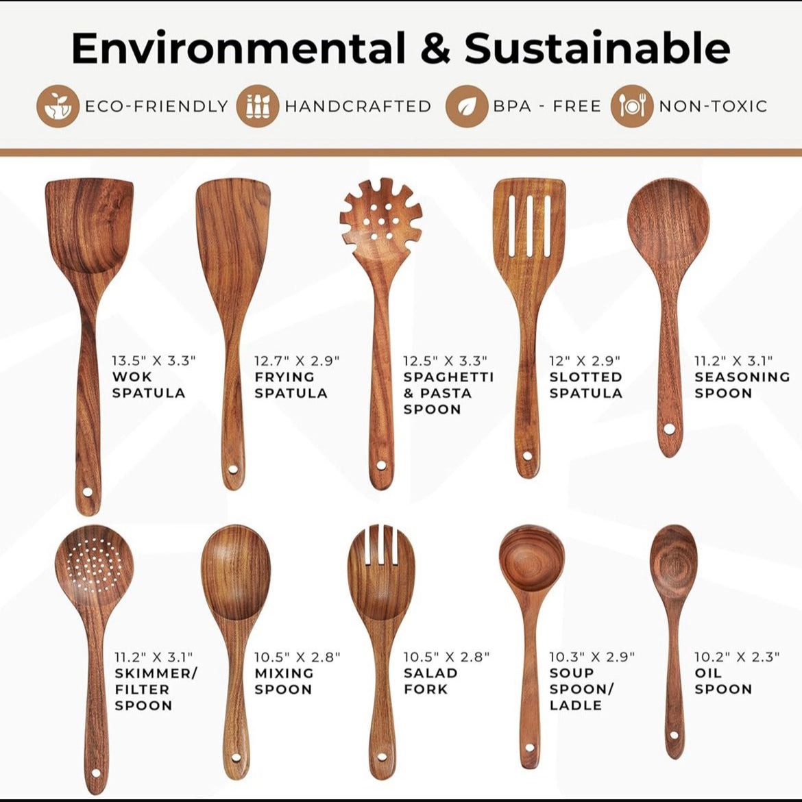 Wooden Kitchen Utensil Set with Holder and a Premium Natural Finish