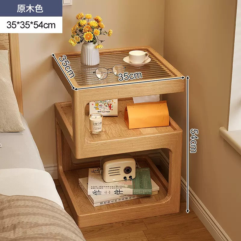 Modern Wooden Bedside Table with Ribbed Glass Top & Motion Sensor Light