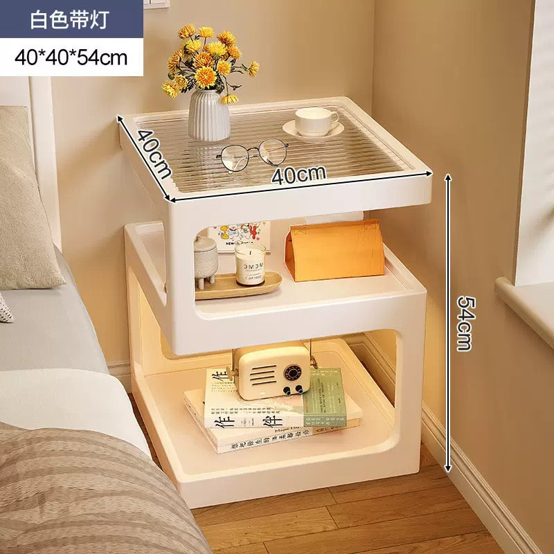 Modern Wooden Bedside Table with Ribbed Glass Top & Motion Sensor Light