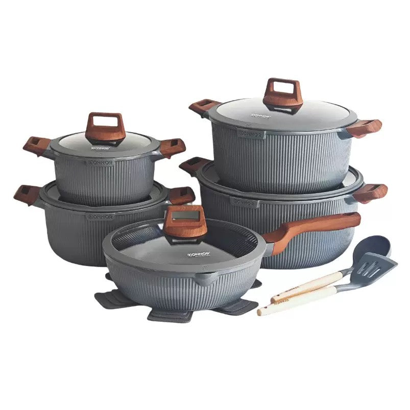DONNOR Premium Granite Non-Stick Cookware Set with Wooden Handles (15-piece Pot set)