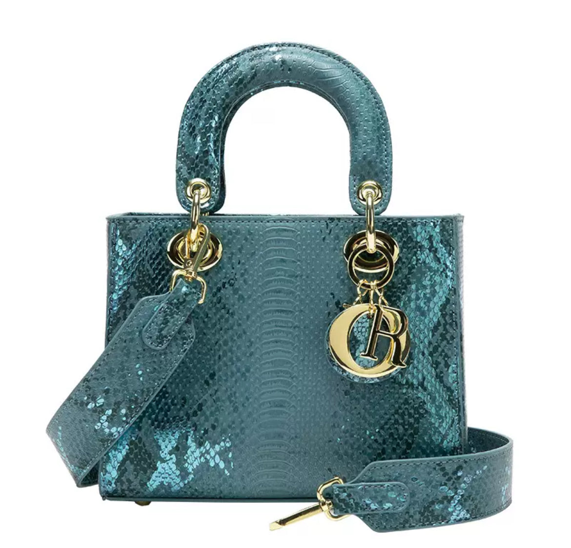 Structured Snakeskin-Style Top-Handle Bag with Shoulder Strap