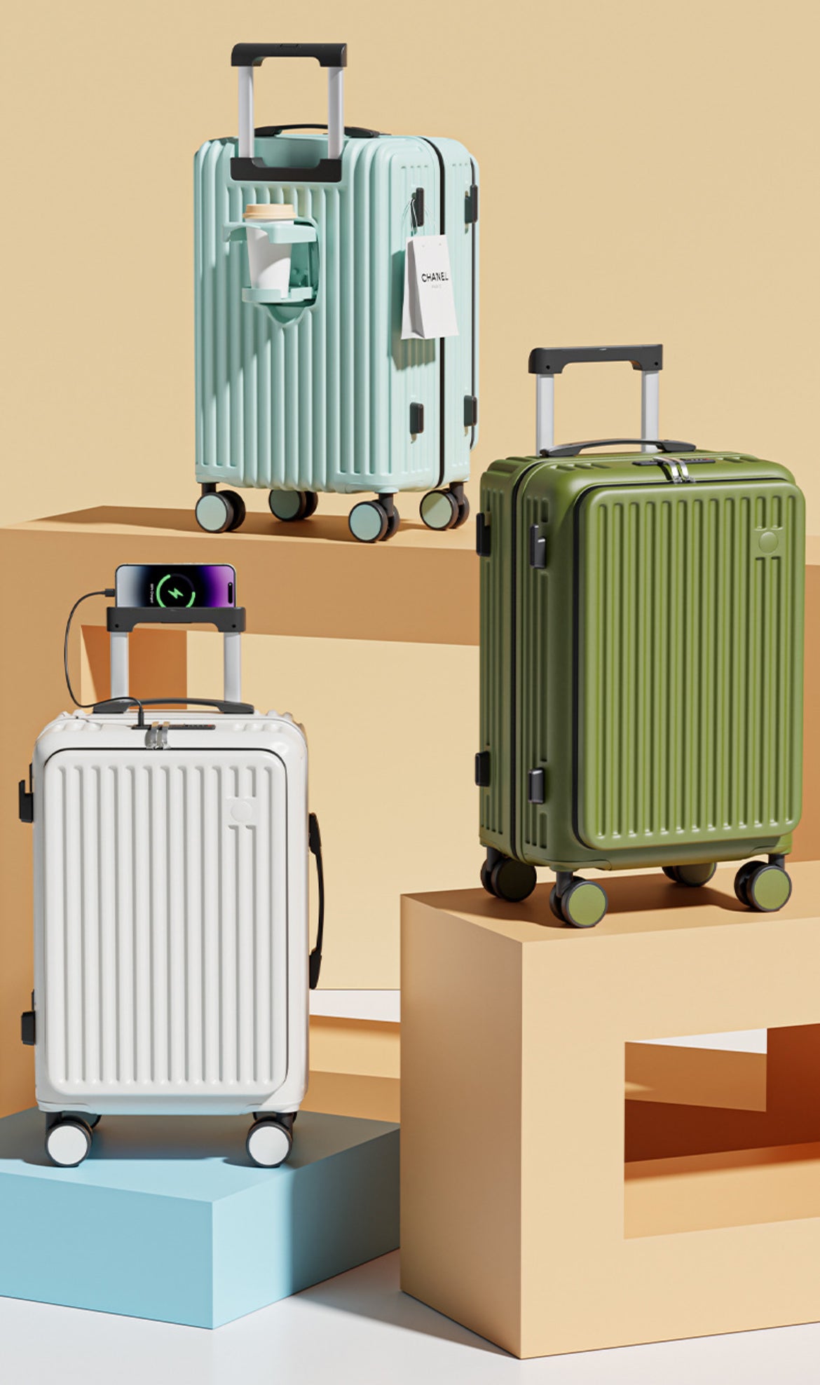 Multi-Function Smart Travel Luggage set (20/24/26”) with USB Charging & Phone Stand