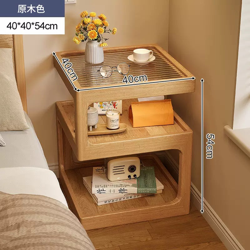 Modern Wooden Bedside Table with Ribbed Glass Top & Motion Sensor Light