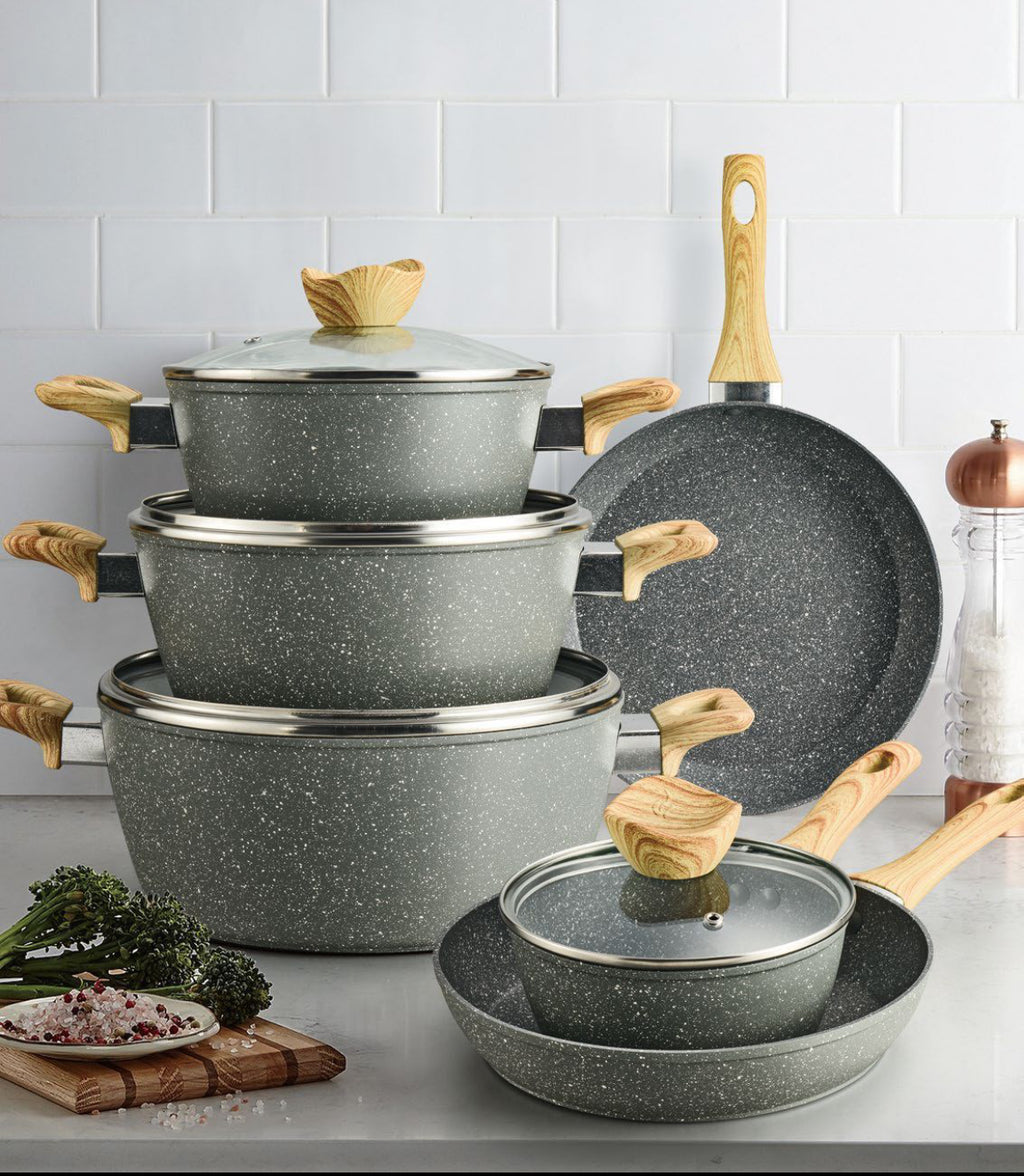 Premium Granite Non-Stick Cookware Set with Wooden Handles (10-piece Pot set)
