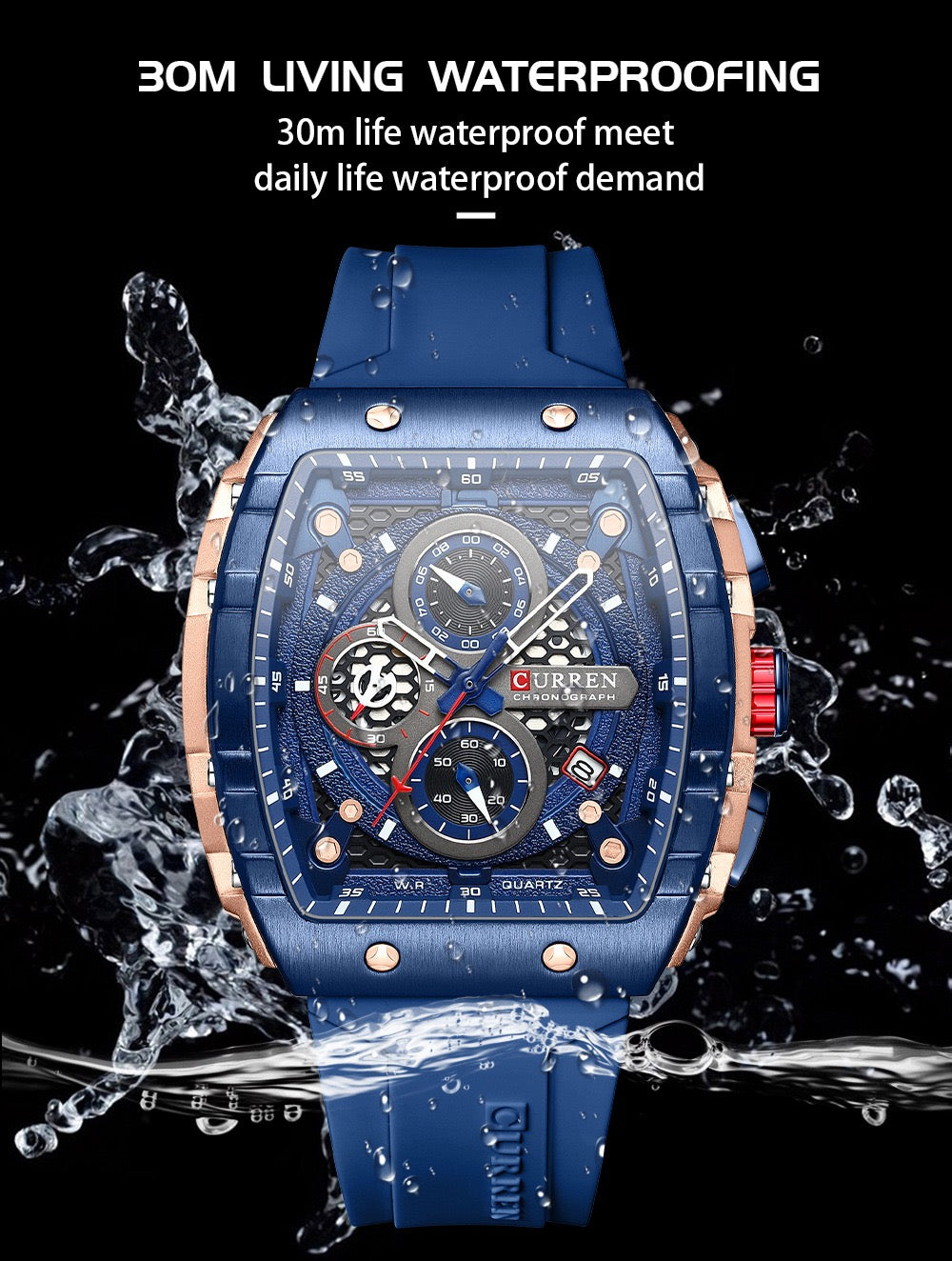CURREN Premium Square Chronograph Silicone Strap Watch (Comes Boxed)