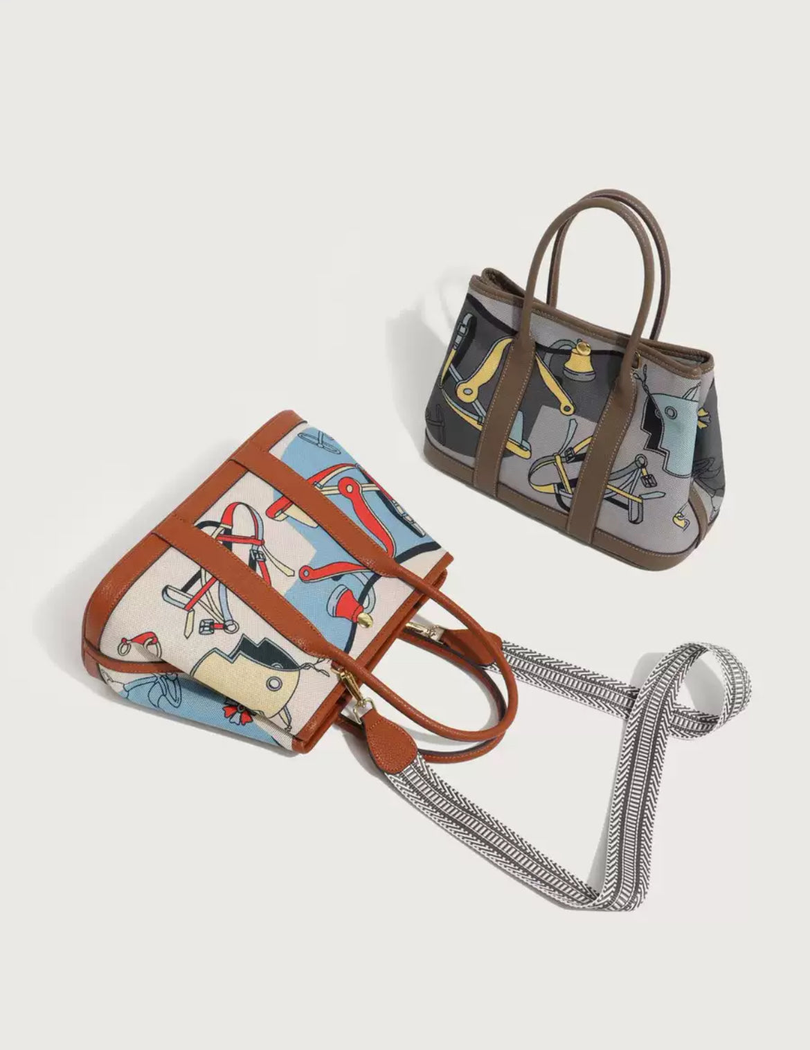 Luxury Canvas Handbag with Leather Handles & Crossbody Strap