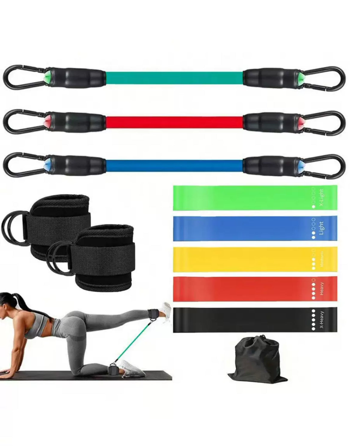 Ankle cuffs + 8 Resistance bands (5 Loops +3 Adjustable) + Bag