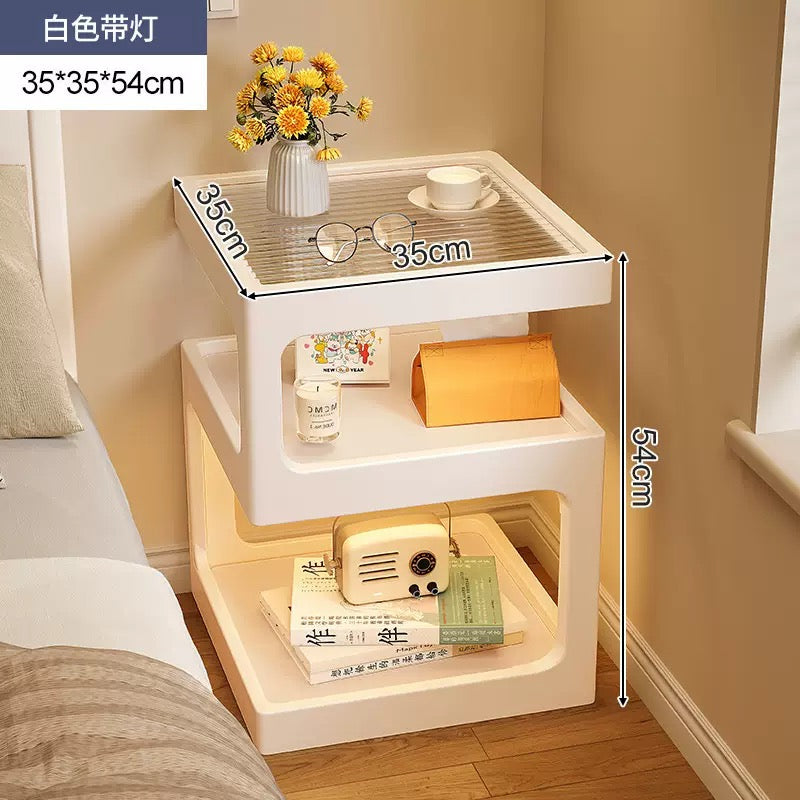 Modern Wooden Bedside Table with Ribbed Glass Top & Motion Sensor Light