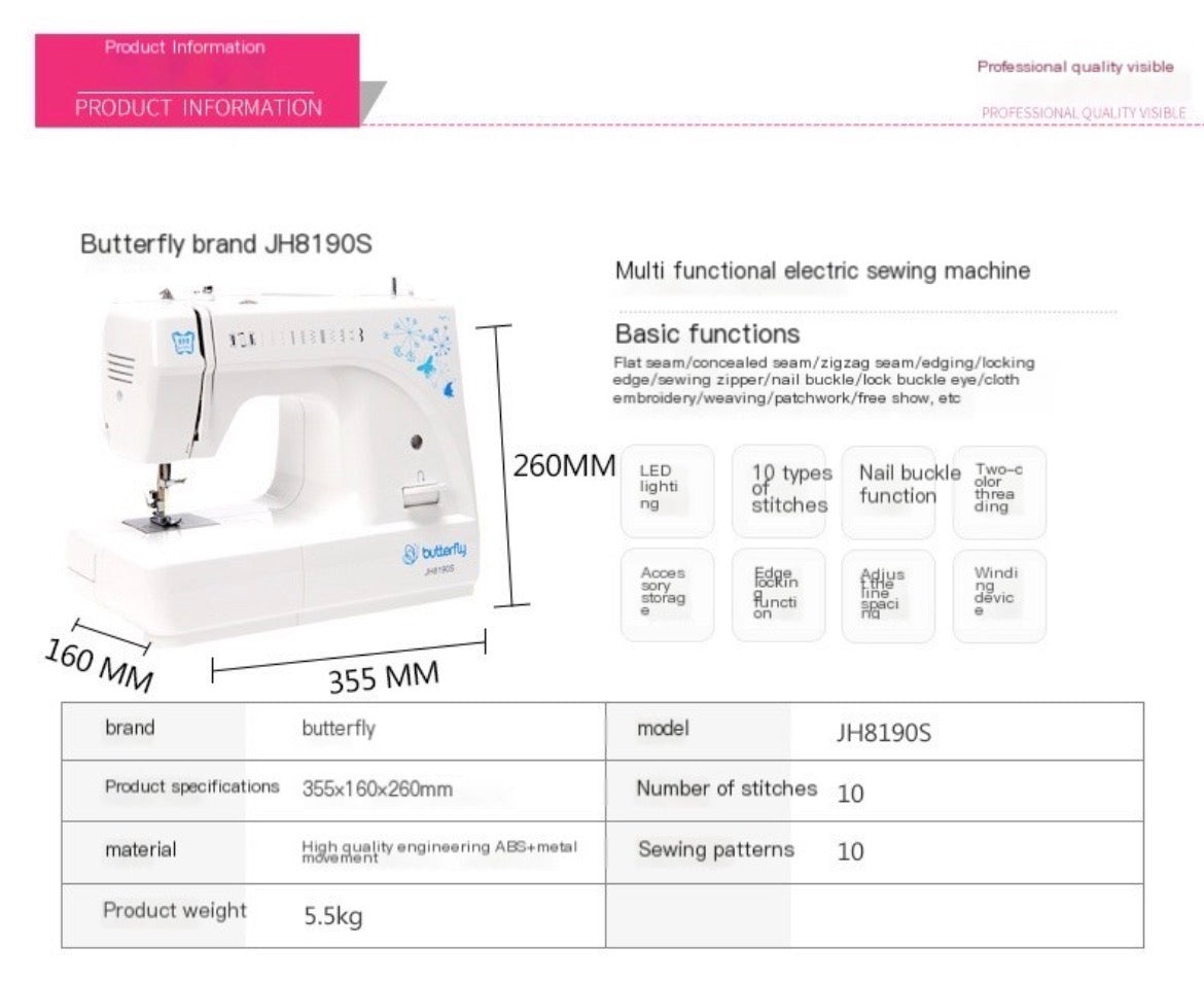 Butterfly JH8190S Electric Sewing Machine – 10 Stitch Patterns, Heavy Duty Home Use