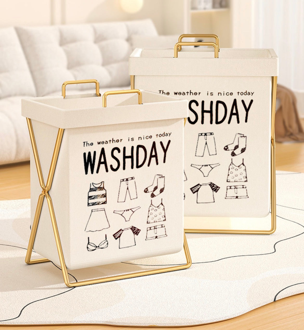 Foldable Laundry Basket with Gold Metal Stand + Cover