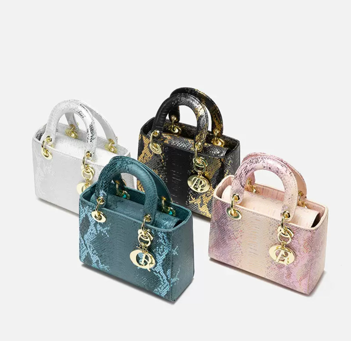 Structured Snakeskin-Style Top-Handle Bag with Shoulder Strap