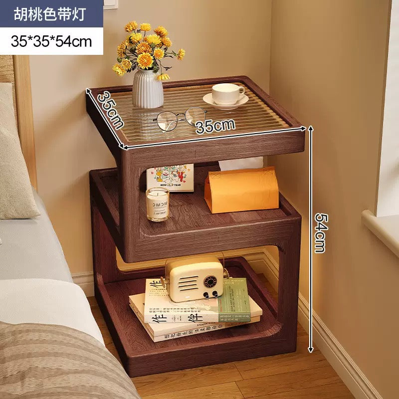 Modern Wooden Bedside Table with Ribbed Glass Top & Motion Sensor Light