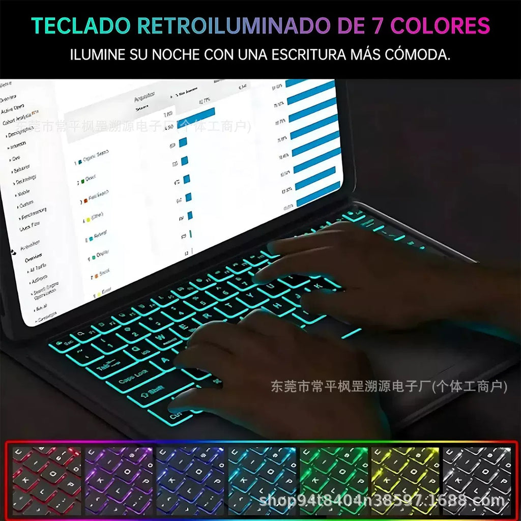 Galaxy Tab A9+/A11+ Bluetooth Keyboard Case with Touchpad – 7-Color Backlit, Magnetic Stand, Pencil Holder