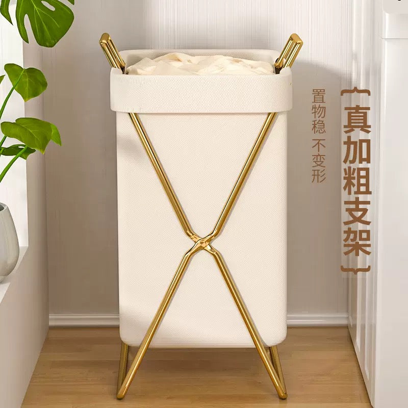 Foldable Laundry Basket with Gold Metal Stand + Cover
