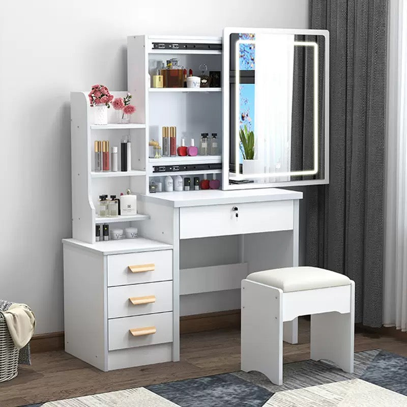 LED Mirror Dressing Table with Storage Drawers, Shelves & Stool – Modern Vanity Makeup Desk Set