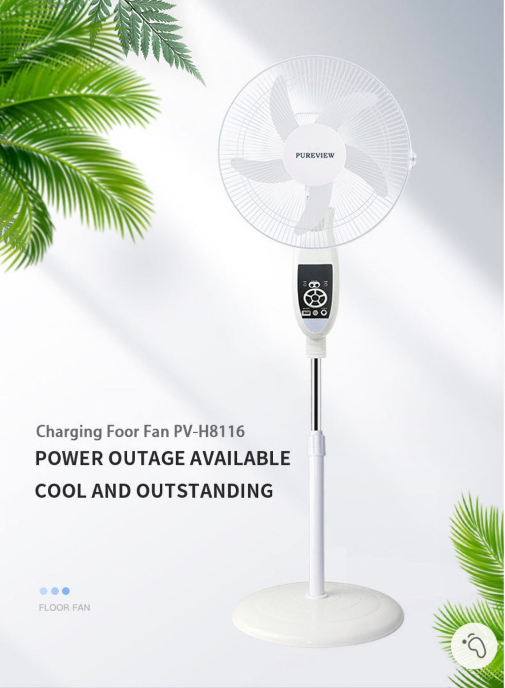 16” Solar Rechargeable Standing Fan with Solar Panel & 2 LED Bulbs