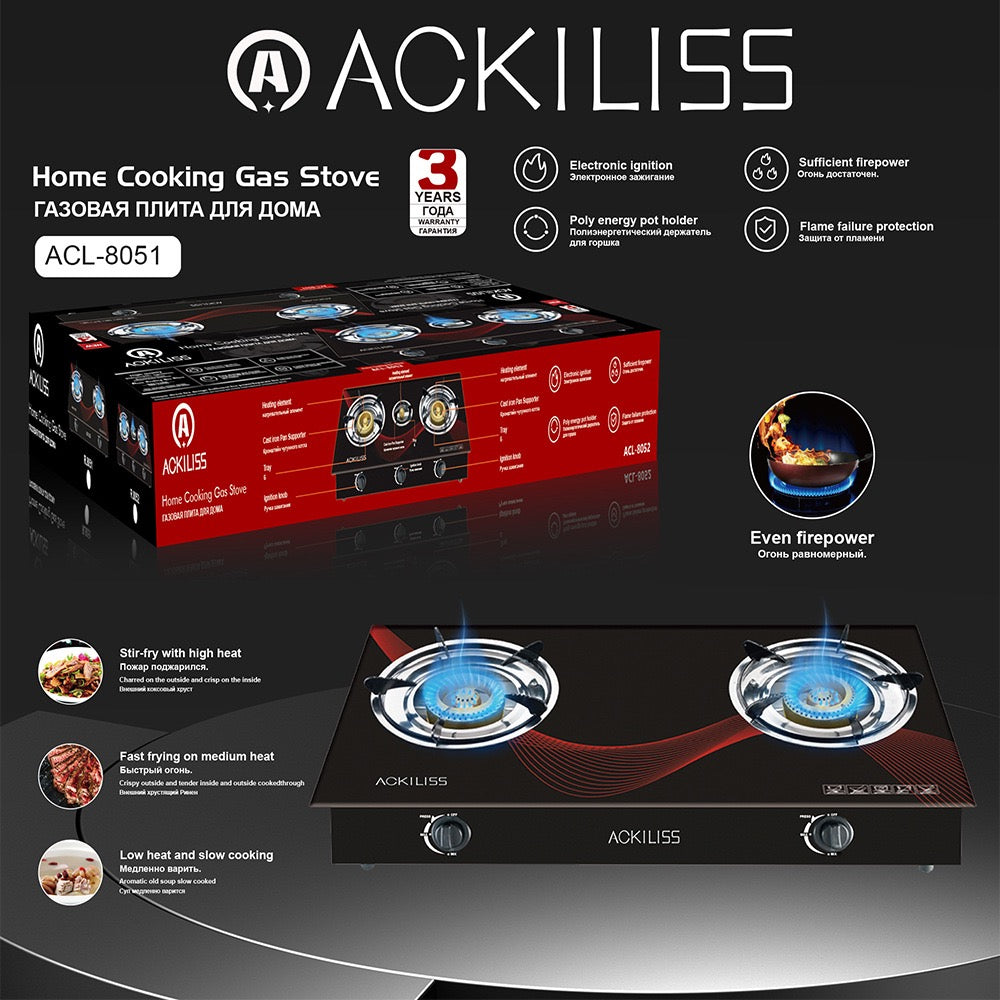 ACKILISS 2 Burner Tempered Glass Tabletop Gas Stove with Auto Ignition