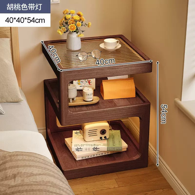 Modern Wooden Bedside Table with Ribbed Glass Top & Motion Sensor Light
