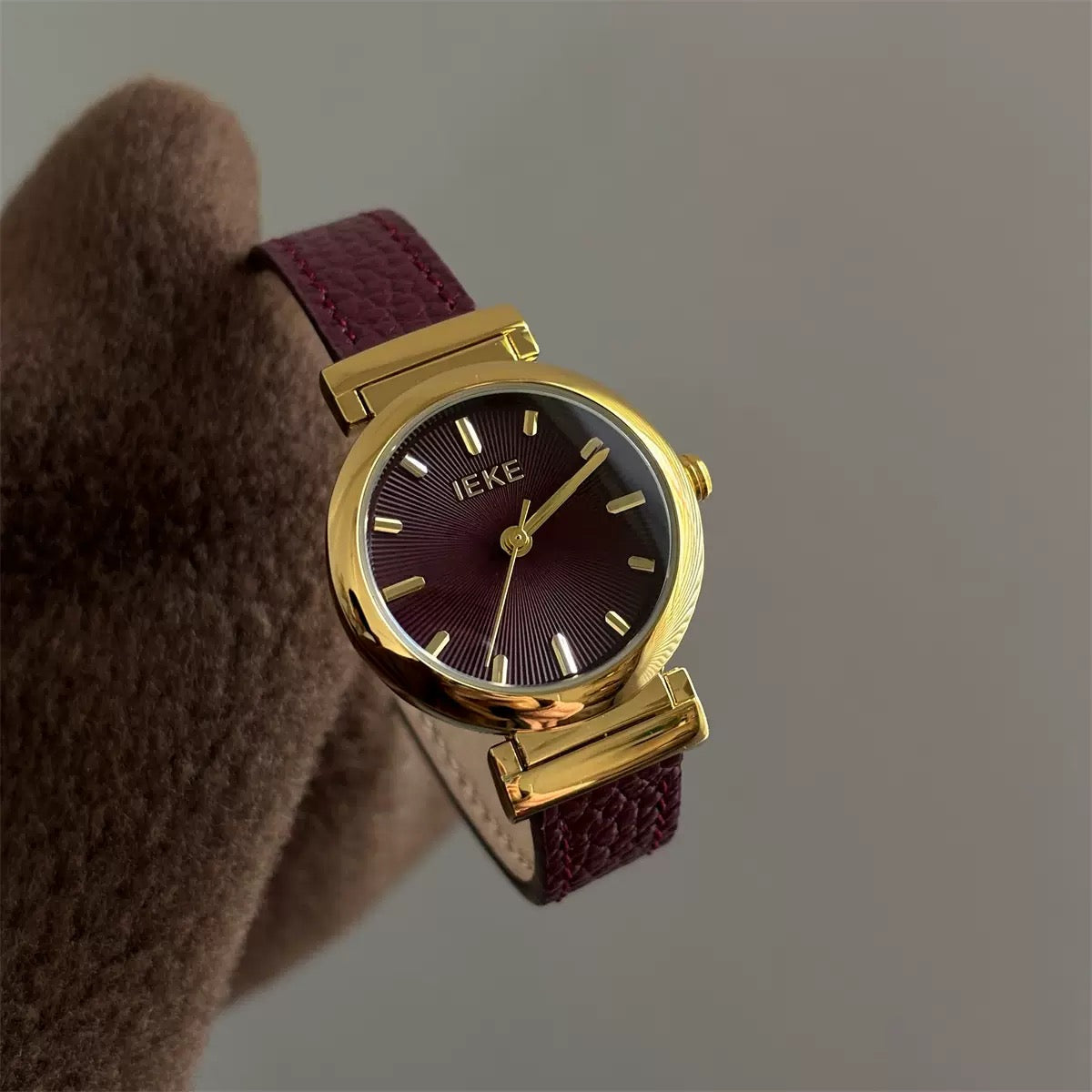 IEKE Burgundy Luxe Leather Watch (Comes Boxed)