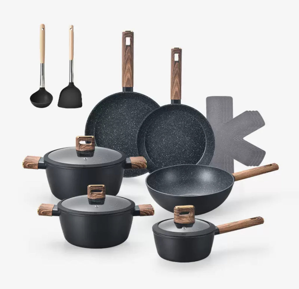 Premium Granite Non-Stick Cookware Set with Wooden Handles (15-piece Pot set)