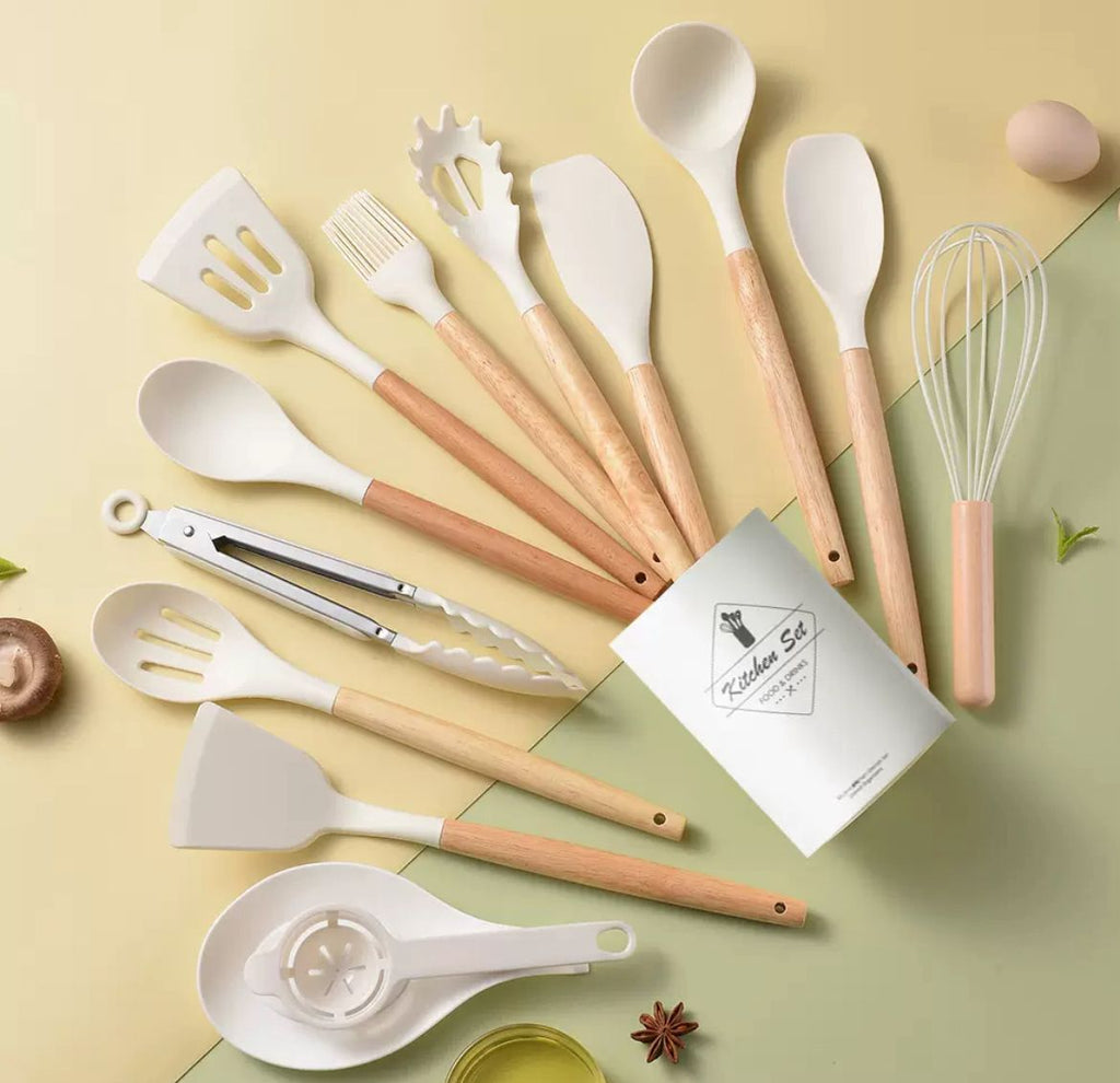 Silicon + Wooden handle 14-in-1 Cooking spoon set