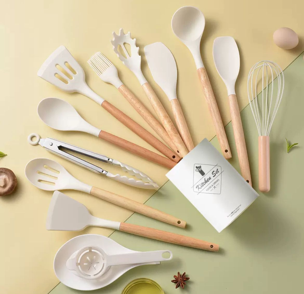 Silicon + Wooden handle 14-in-1 Cooking spoon set