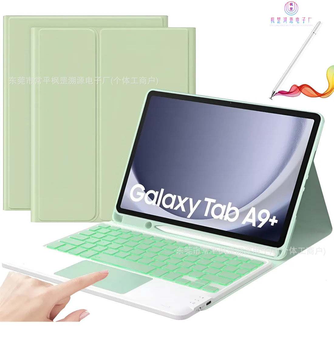 Galaxy Tab A9+/A11+ Bluetooth Keyboard Case with Touchpad – 7-Color Backlit, Magnetic Stand, Pencil Holder