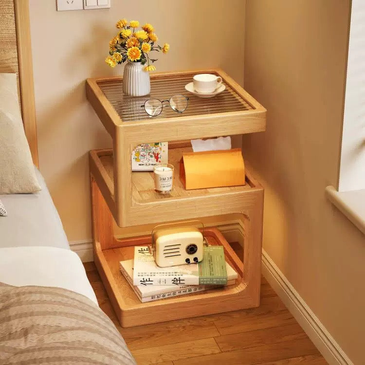 Modern Wooden Bedside Table with Ribbed Glass Top & Motion Sensor Light