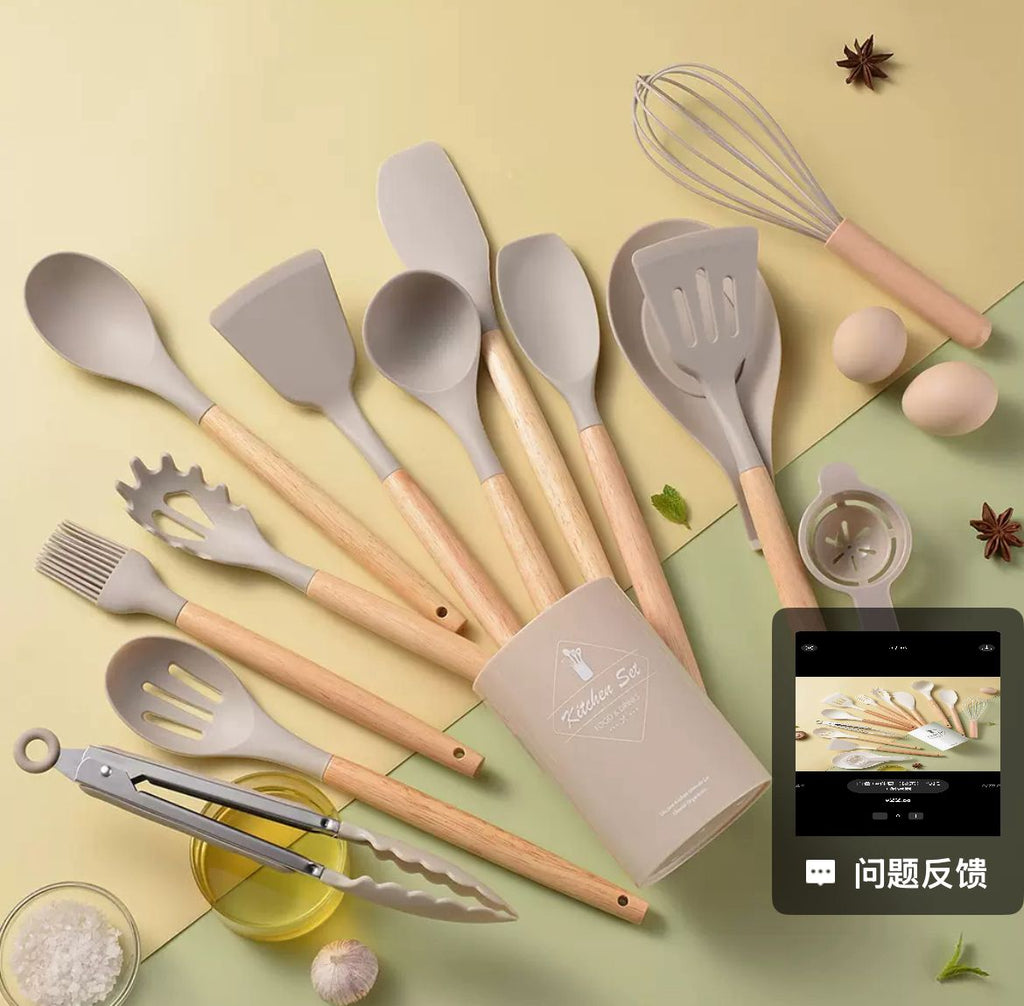 Silicon + Wooden handle 14-in-1 Cooking spoon set