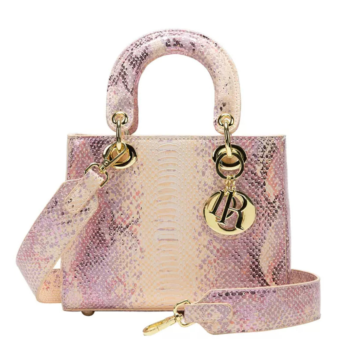 Structured Snakeskin-Style Top-Handle Bag with Shoulder Strap
