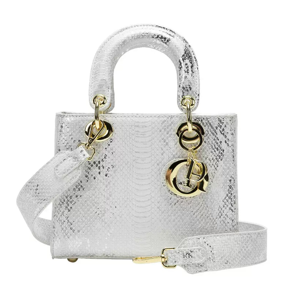 Structured Snakeskin-Style Top-Handle Bag with Shoulder Strap