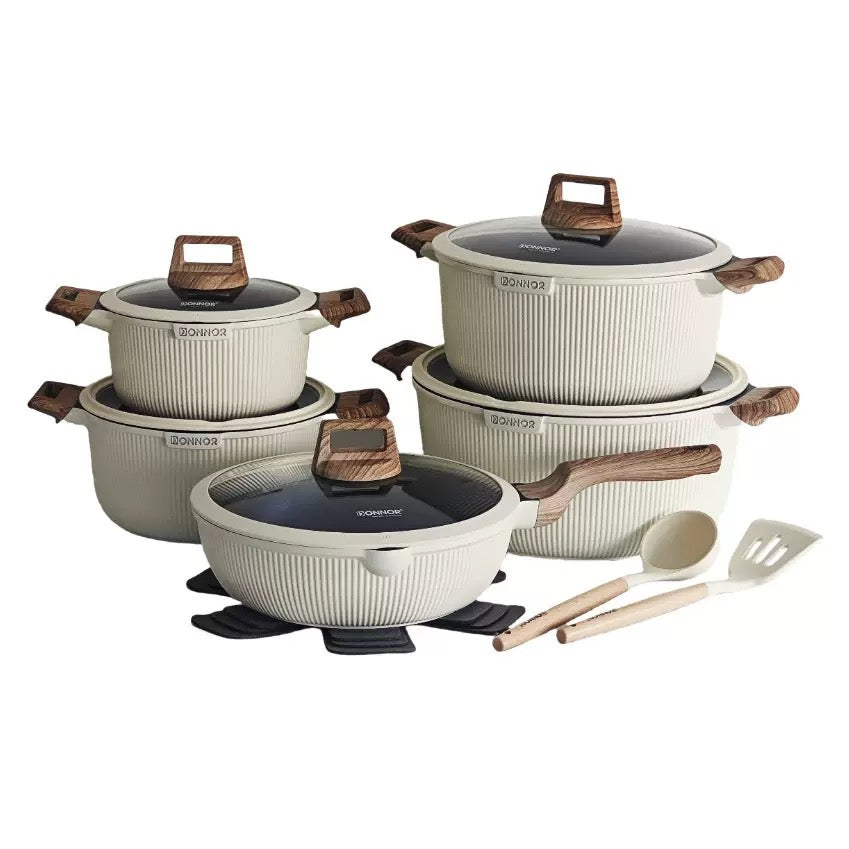 DONNOR Premium Granite Non-Stick Cookware Set with Wooden Handles (15-piece Pot set)