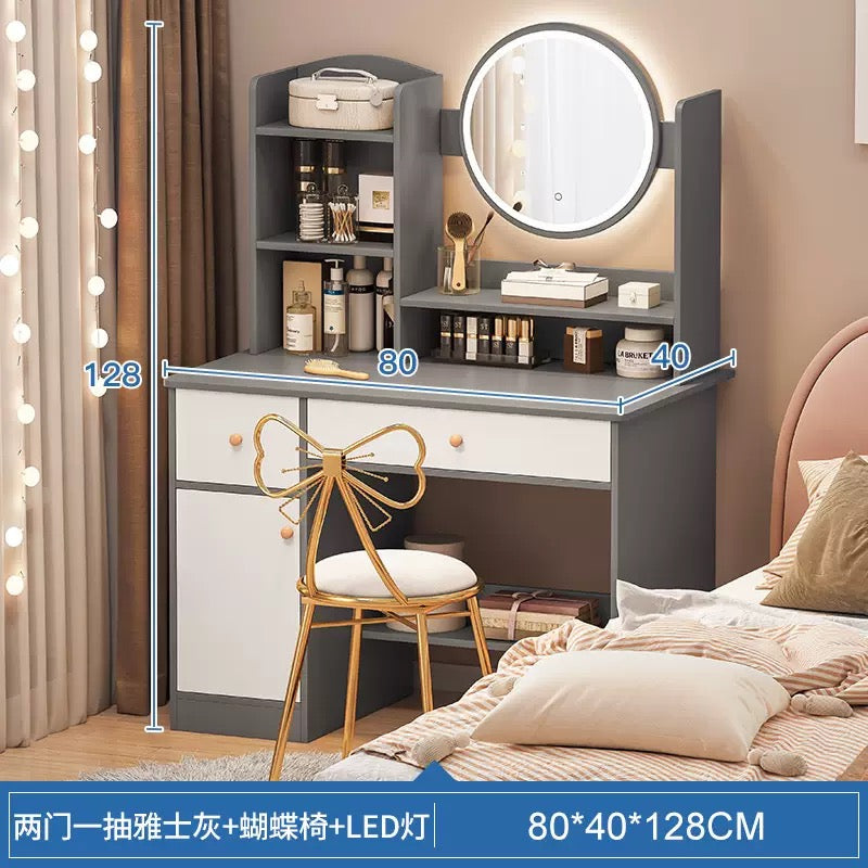 LED Vanity Dressing Table with Mirror, Storage & Butterfly Chair (80x40x128cm)