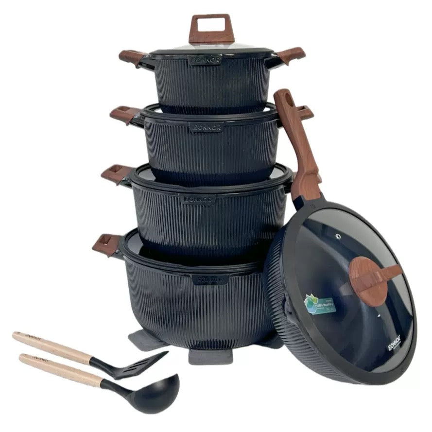 DONNOR Premium Granite Non-Stick Cookware Set with Wooden Handles (15-piece Pot set)