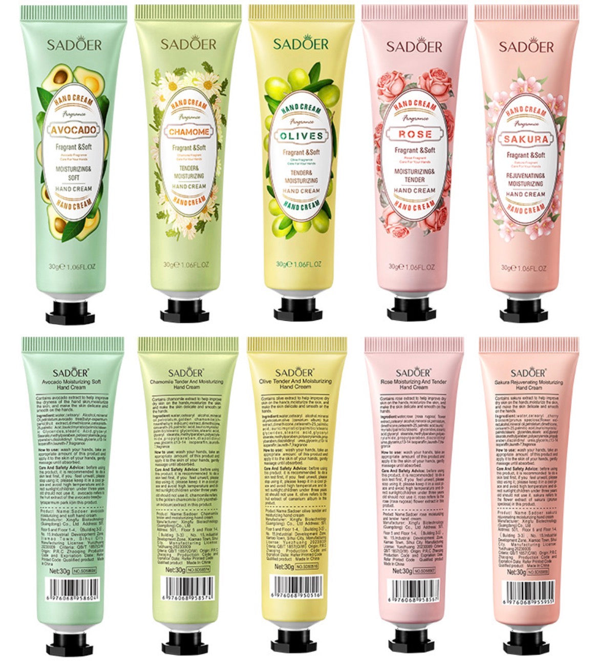 SADOER Botanical Hand Cream Set (Pack of 12 Tubes × 30g) – Mixed Scents Deep Moisturizing Hand Care