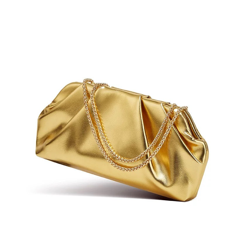 Luxe Pleated Metallic Chain Clutch Bag