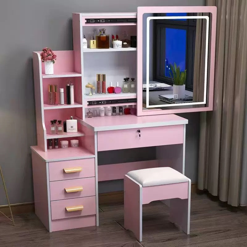 LED Mirror Dressing Table with Storage Drawers, Shelves & Stool – Modern Vanity Makeup Desk Set
