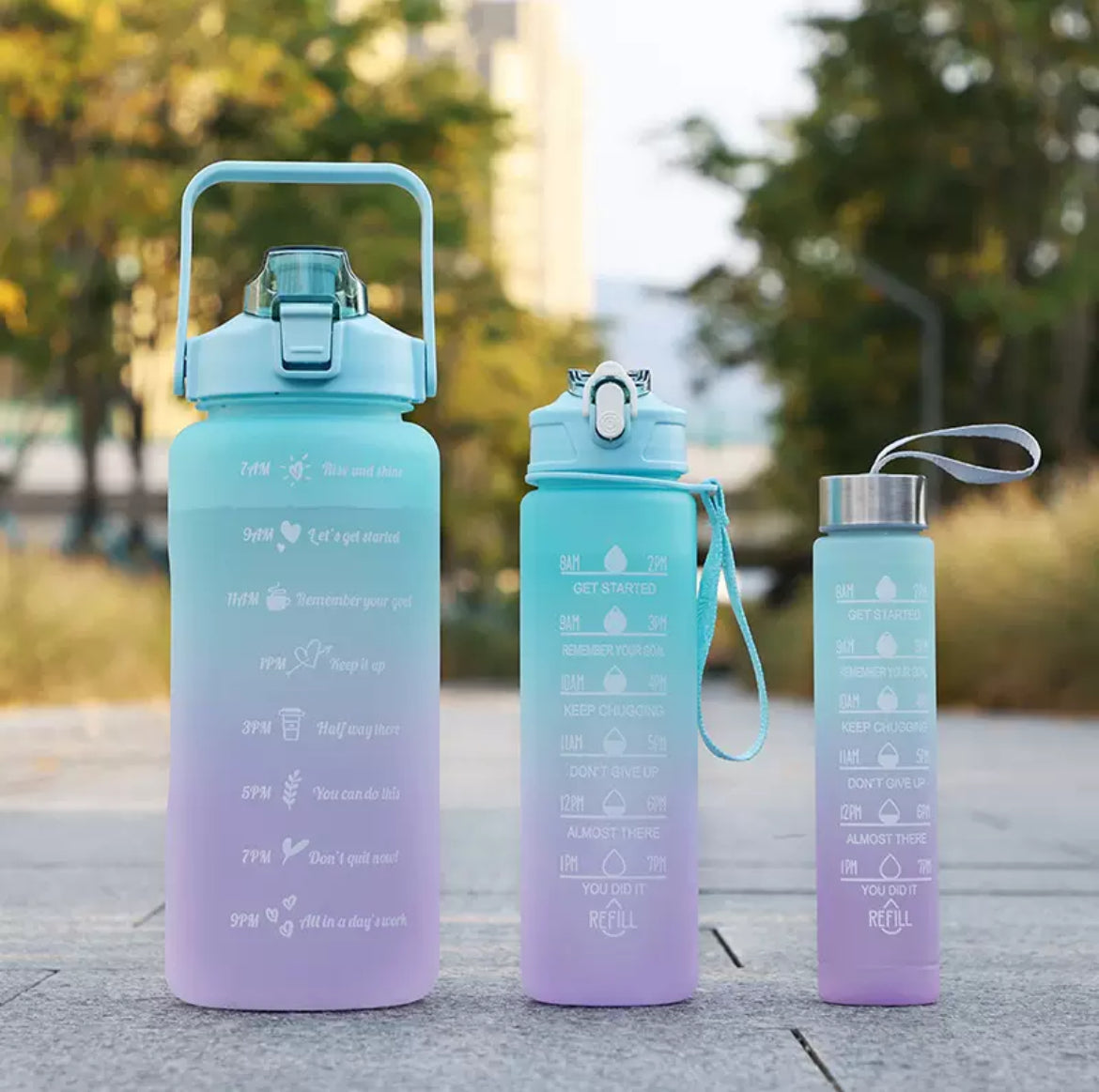 3-in-1 Gradient Motivational Water Bottle Set with Time Markers (2000ml/900ml/500ml)