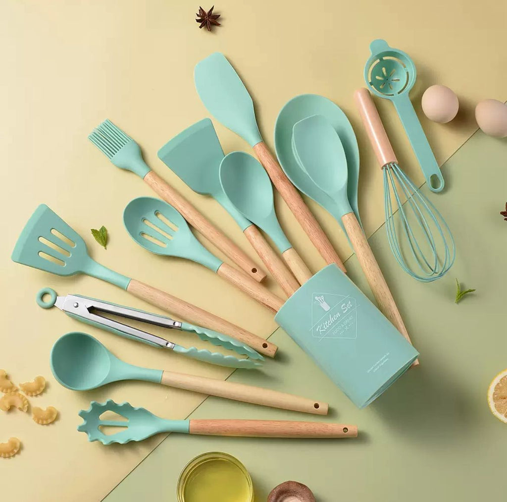 Silicon + Wooden handle 14-in-1 Cooking spoon set