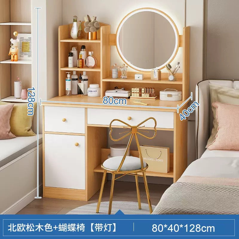 LED Vanity Dressing Table with Mirror, Storage & Butterfly Chair (80x40x128cm)