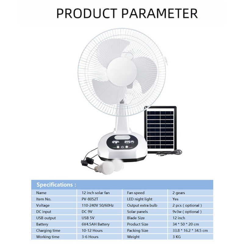 12” Solar Rechargeable Table Fan with Solar Panel & LED Lights