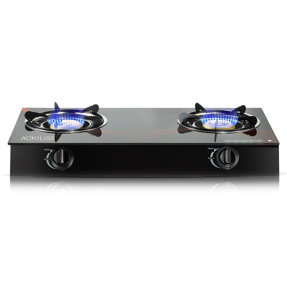 ACKILISS 2 Burner Tempered Glass Tabletop Gas Stove with Auto Ignition