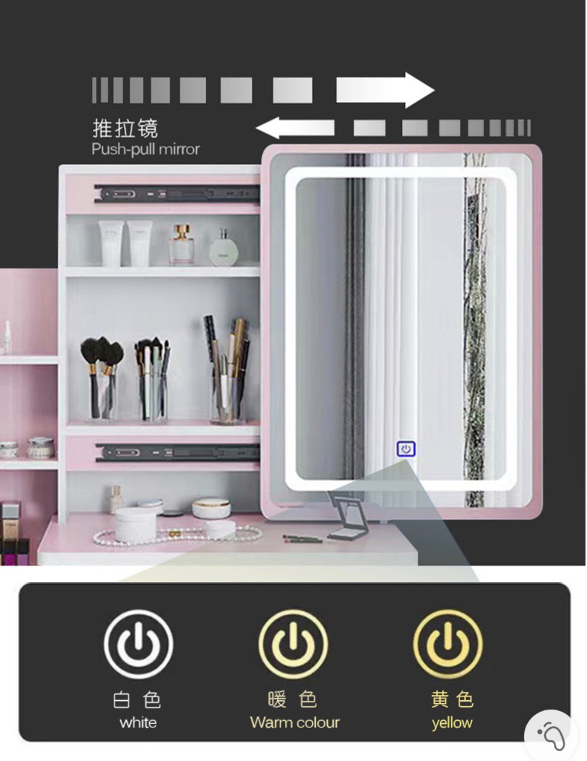 LED Mirror Dressing Table with Storage Drawers, Shelves & Stool – Modern Vanity Makeup Desk Set