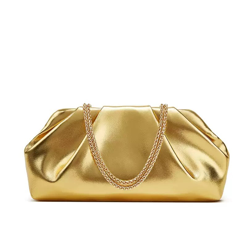 Luxe Pleated Metallic Chain Clutch Bag