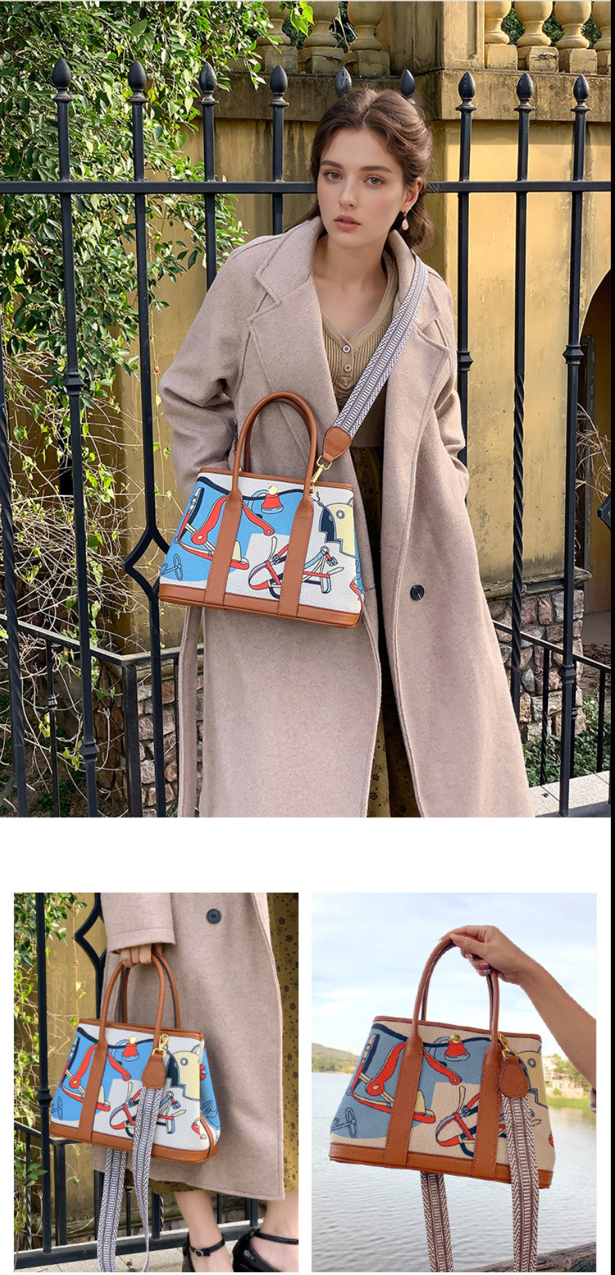 Luxury Canvas Handbag with Leather Handles & Crossbody Strap