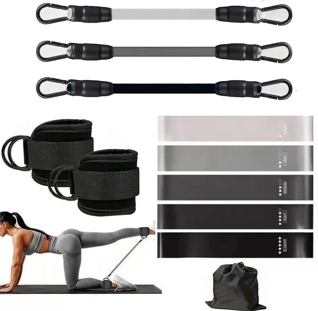 Ankle cuffs + 8 Resistance bands (5 Loops +3 Adjustable) + Bag
