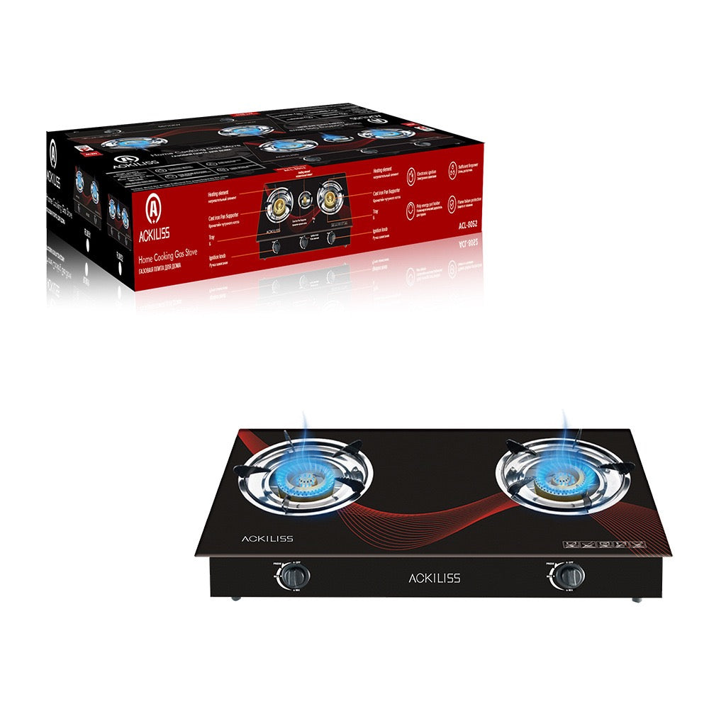 ACKILISS 2 Burner Tempered Glass Tabletop Gas Stove with Auto Ignition