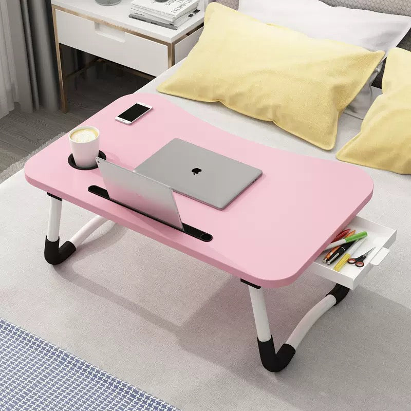 Portable Folding Bed Laptop Table (60x40cm) with Cup Holder & Drawer