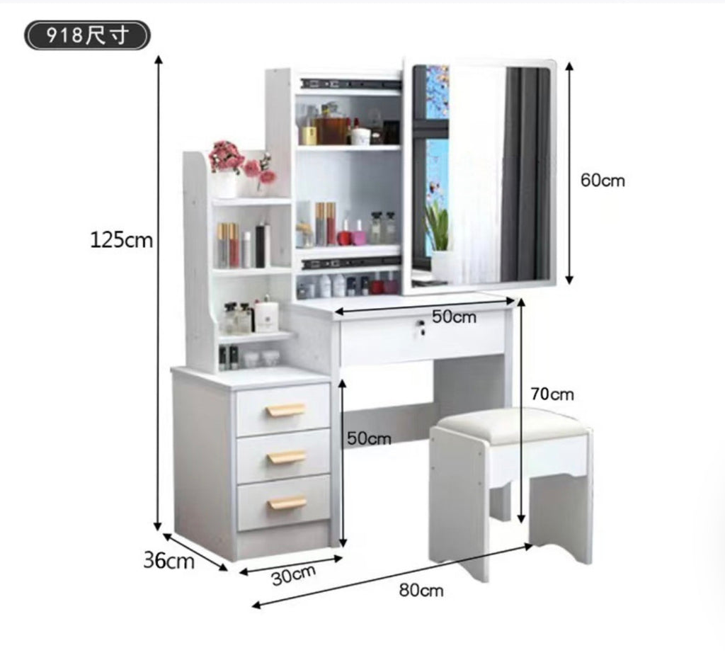 LED Mirror Dressing Table with Storage Drawers, Shelves & Stool – Modern Vanity Makeup Desk Set