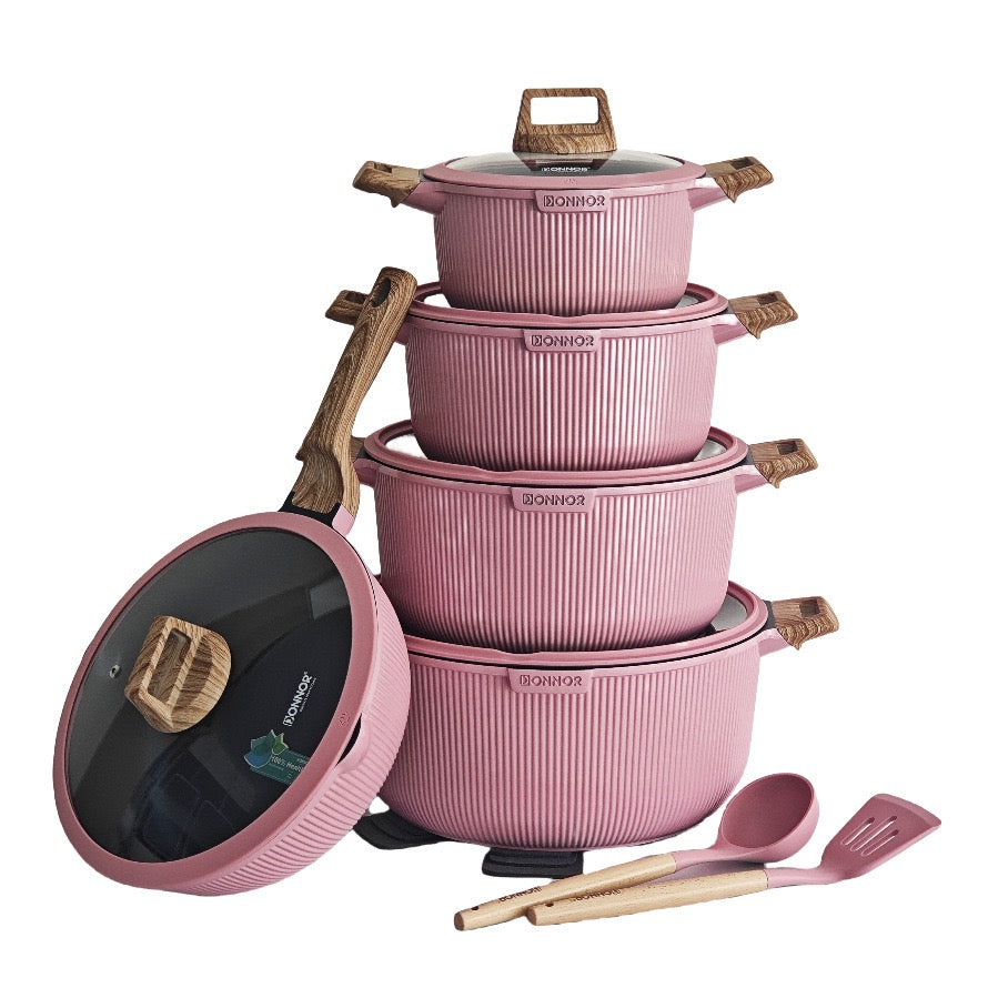 DONNOR Premium Granite Non-Stick Cookware Set with Wooden Handles (15-piece Pot set)